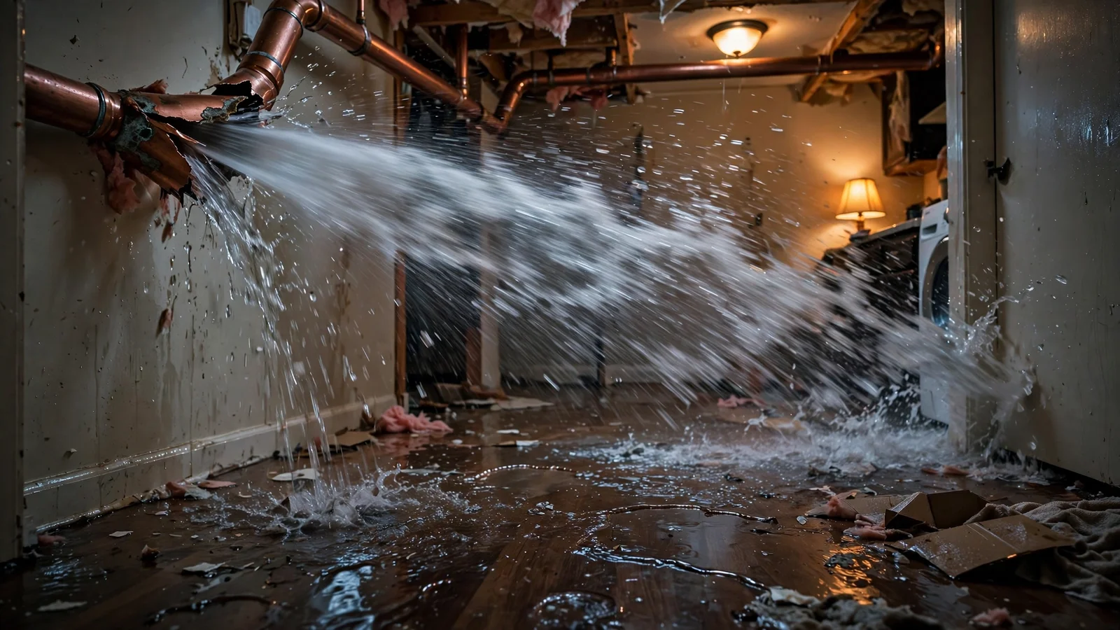 Burst water pipe spraying water in a Caldwell, ID home